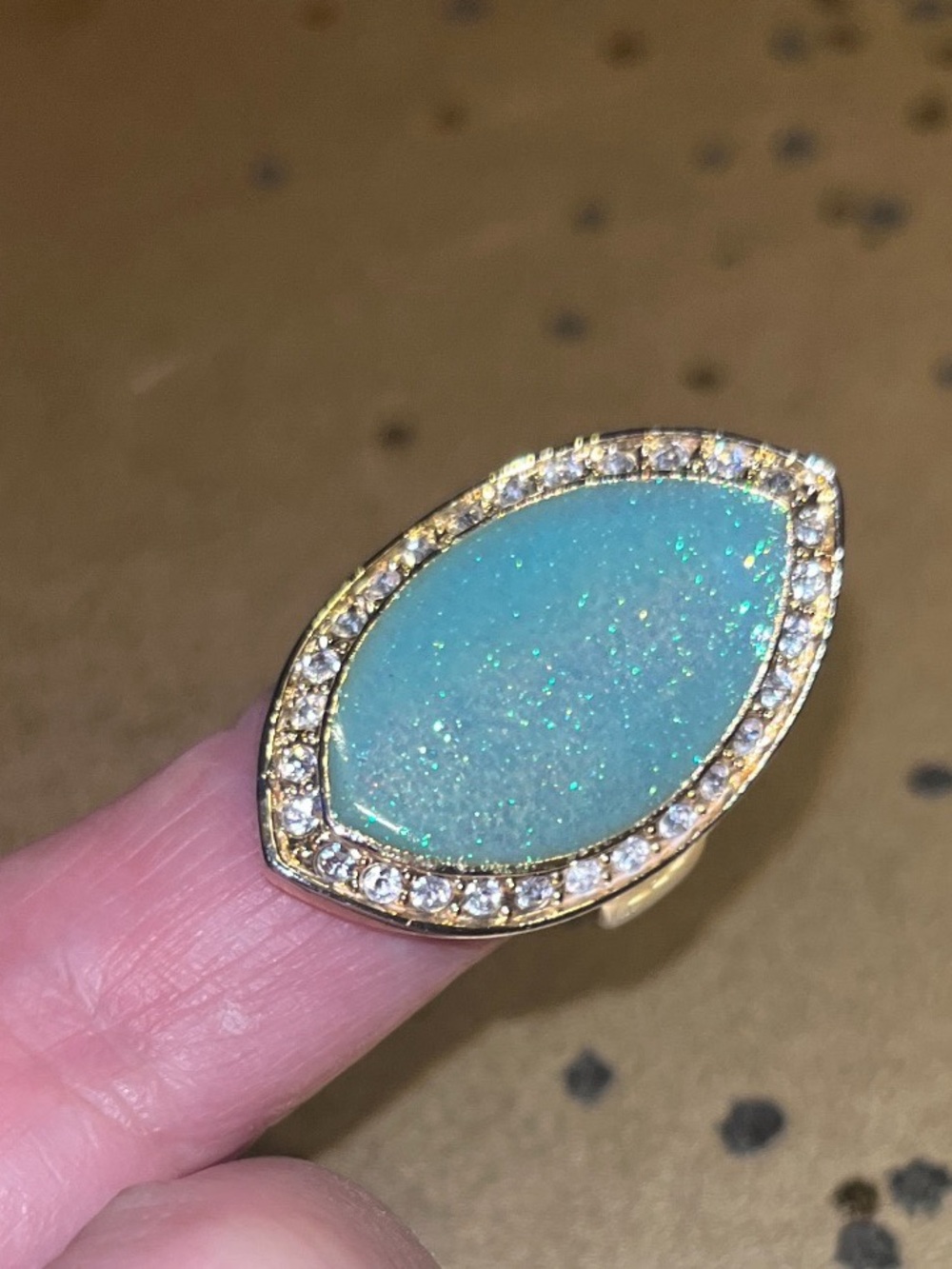Gold Tone Blue Green Glitter Marquise Rhinestone Statement Ring